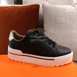 Hermes Autumn Winter Thick Soled Casual Leather Shoes Black