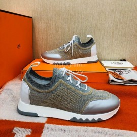 Hermes Couple Calf Leather Knitted Casual Sneakers Silver