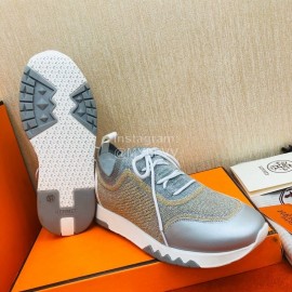 Hermes Couple Calf Leather Knitted Casual Sneakers Silver