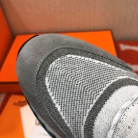 Hermes Couple Calf Leather Knitted Casual Sneakers Gray