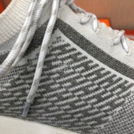 Hermes Couple Calf Leather Knitted Casual Sneakers Gray
