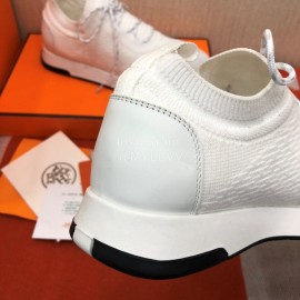 Hermes Couple Calf Leather Knitted Casual Sneakers White