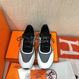Hermes Couple Calf Leather Knitted Casual Sneakers Black