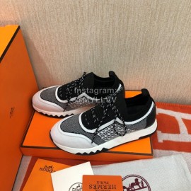 Hermes Couple Calf Leather Knitted Casual Sneakers Black