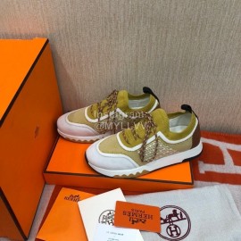 Hermes Couple Calf Leather Knitted Casual Sneakers Yellow