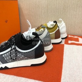 Hermes Couple Calf Leather Knitted Casual Sneakers Yellow