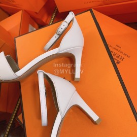 Hermes Classic Leather High Heel Sandals White