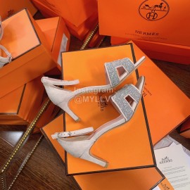Hermes Classic Leather High Heel Sandals Silver