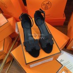 Hermes Classic Black Leather High Heel Sandals