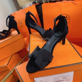 Hermes Classic Black Leather High Heel Sandals