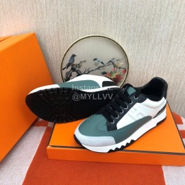 Hermes Couple Calfskin Color Matching Casual Sneakers Green