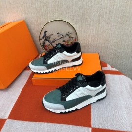 Hermes Couple Calfskin Color Matching Casual Sneakers Green