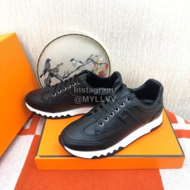 Hermes Couple Calfskin Color Matching Casual Sneakers Black