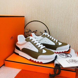 Hermes Couple Calfskin Color Matching Casual Sneakers Brown