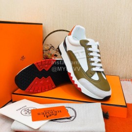 Hermes Couple Calfskin Color Matching Casual Sneakers Brown
