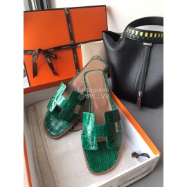 Hermes Alligator Flat Heel Green Slippers For Women 