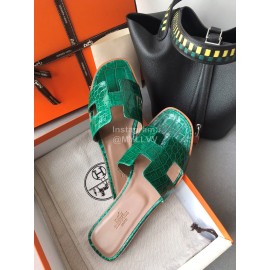 Hermes Alligator Flat Heel Green Slippers For Women 