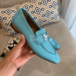 Hermes Classic Calf Leather Flat Heel Shoes For Women Blue