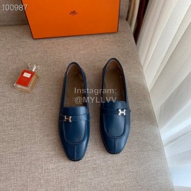 Hermes Classic Calf Leather Flat Heel Shoes For Women Dark Blue