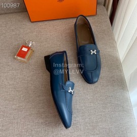 Hermes Classic Calf Leather Flat Heel Shoes For Women Dark Blue