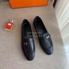 Hermes  Calf Leather Flat Heel Shoes For Women Black