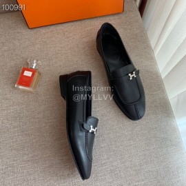 Hermes  Calf Leather Flat Heel Shoes For Women Black