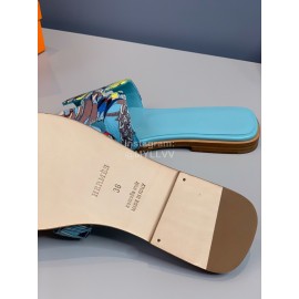 Hermes Classic Calf Leather Printed Flat Heel Slippers Blue