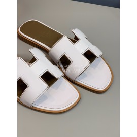Hermes Classic Calf Leather Flat Heel Slippers White