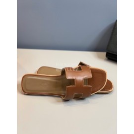 Hermes Classic Calf Leather Flat Heel Slippers Brown