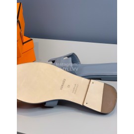 Hermes Classic Calf Leather Flat Heel Slippers Gray