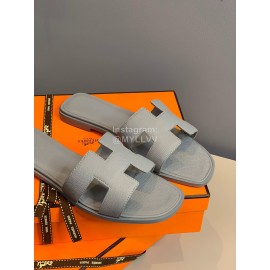 Hermes Classic Calf Leather Flat Heel Slippers Gray
