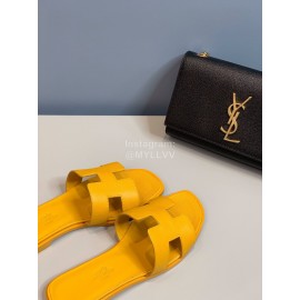 Hermes Classic Calf Leather Flat Heel Slippers Yellow