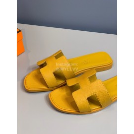 Hermes Classic Calf Leather Flat Heel Slippers Yellow