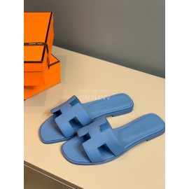 Hermes Classic Blue Calf Leather Flat Heel Slippers