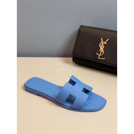 Hermes Classic Blue Calf Leather Flat Heel Slippers