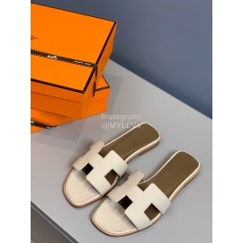 Hermes Classic Calf Leather Flat Heel Slippers Beige
