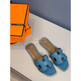 Hermes Classic Calf Leather Flat Heel Blue Slippers