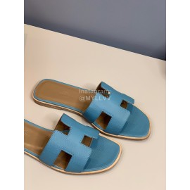 Hermes Classic Calf Leather Flat Heel Blue Slippers
