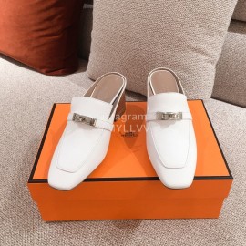 Hermes Autumn Winter Leather Muller High Heel Shoes White