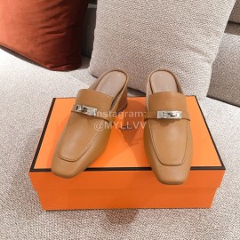 Hermes Autumn Winter Leather Muller High Heel Shoes Brown