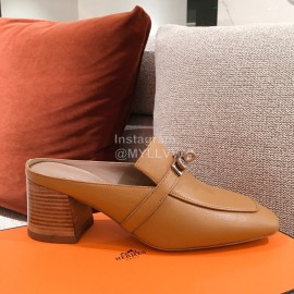 Hermes Autumn Winter Leather Muller High Heel Shoes Brown