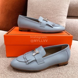 Hermes Classic Leather Tassel Shoes For Women Blue