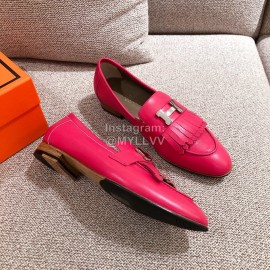 Hermes Classic Leather Tassel Shoes For Women Rose Red