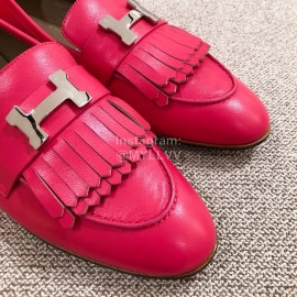 Hermes Classic Leather Tassel Shoes For Women Rose Red