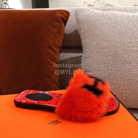 Hermes Autumn Winter Fashion Mink Hair Slippers Orange