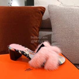 Hermes Autumn Winter Fashion Pink Mink Hair Slippers 