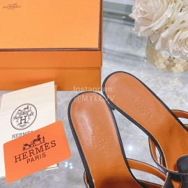 Hermes Black Calf Leather High Heeled Slippers For Women