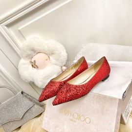 Jimmy Choo Fashion Crystal Powder Pointed Flat Heels For Women Red