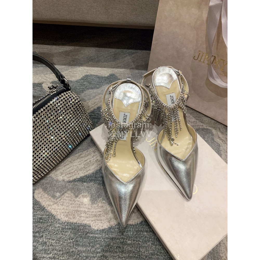 Jimmy Choo Elegant Leather Crystal Chain Pointed High Heel Sandals For Women 