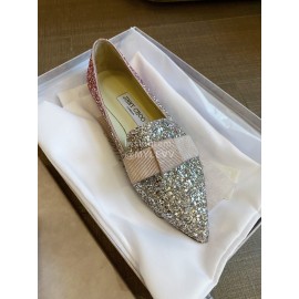 Jimmy Choo Bow Blingbling Pointed Flat Heels For Women Pink